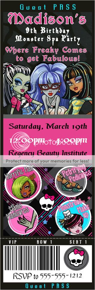 Printed Monster High Birthday Invitations Dead Tired, Spa & Dawn of 